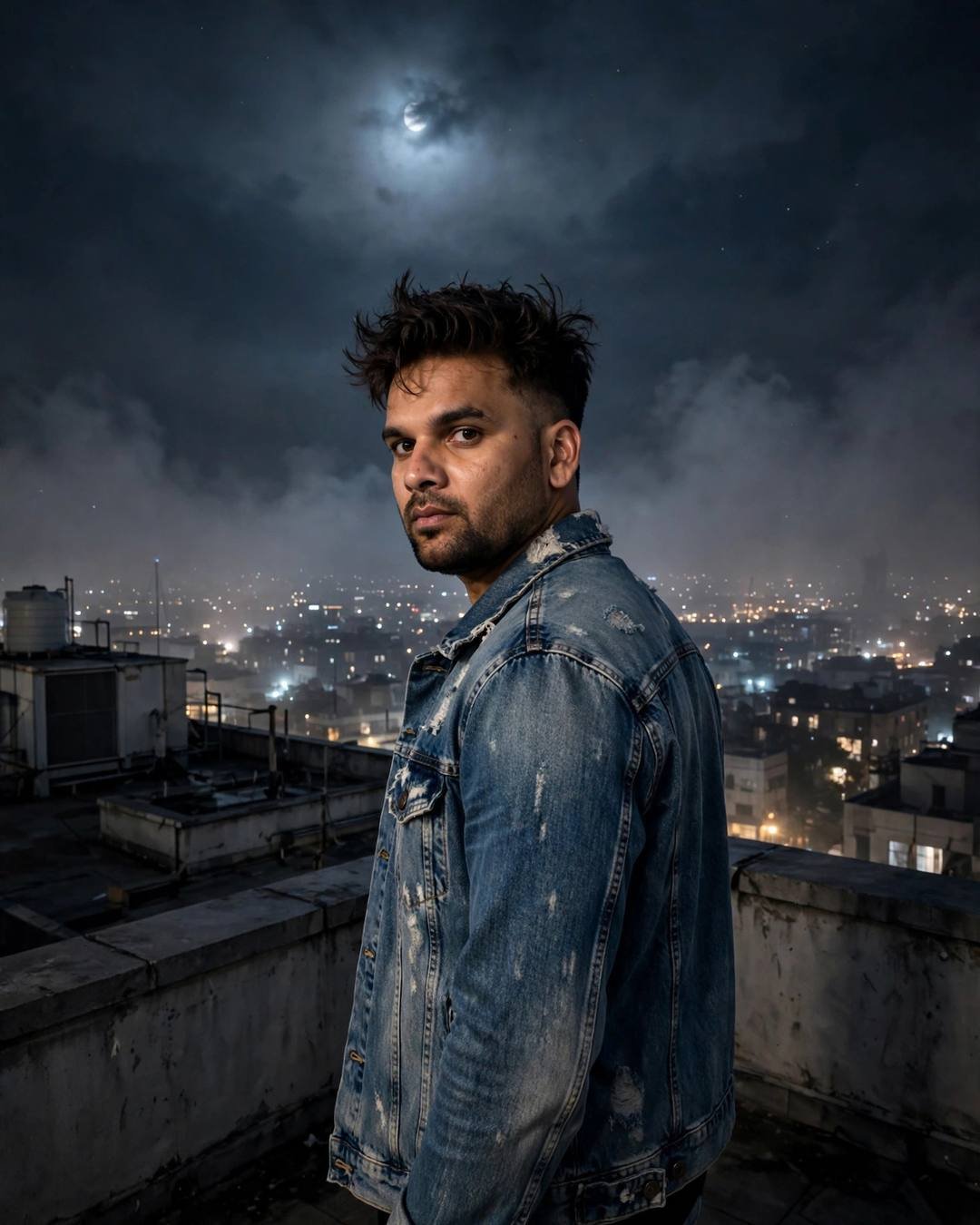 Young Indian man in a distressed denim jacket looking over his shoulder on a moonlit rooftop
