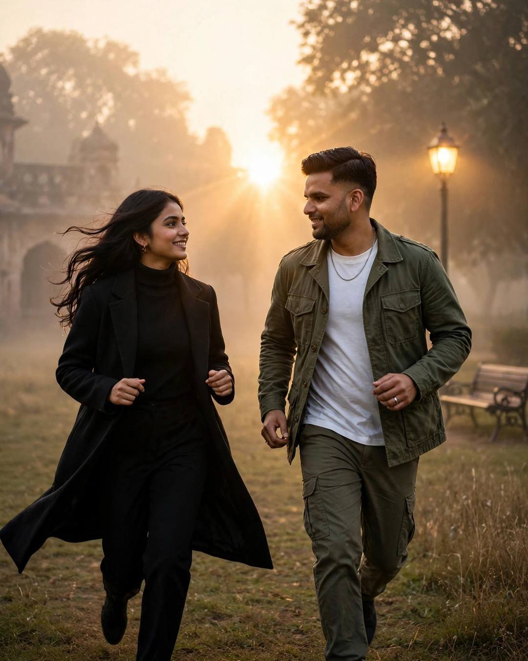 Young couple running toward each other across a sunlit field, laughing, golden light behind