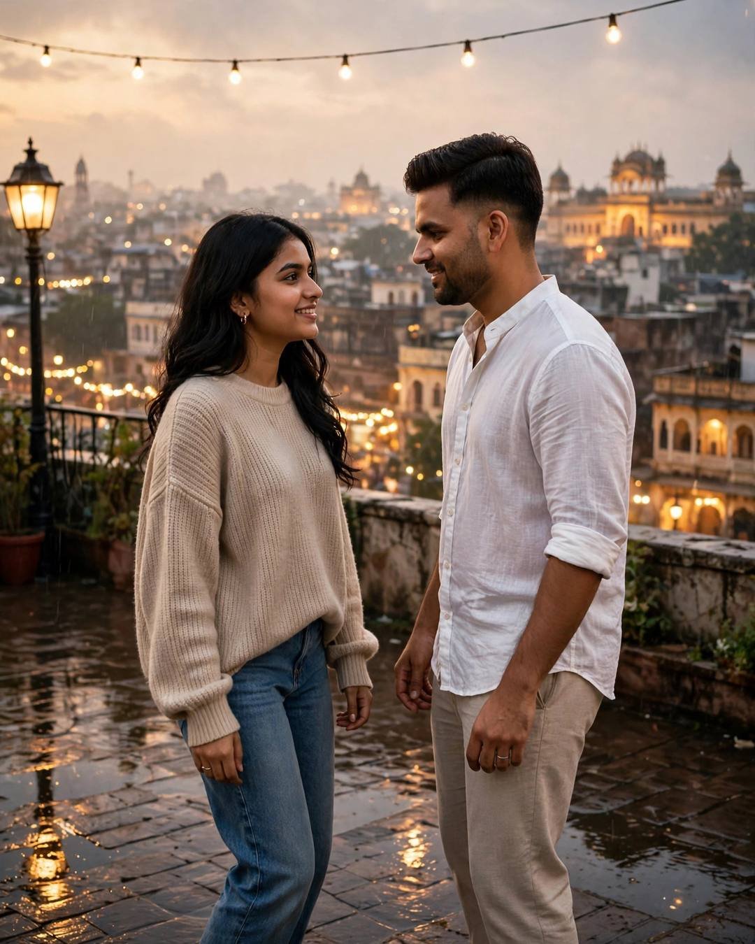 Young couple dancing slowly on a rooftop overlooking sleeping city lights, string lights overhead