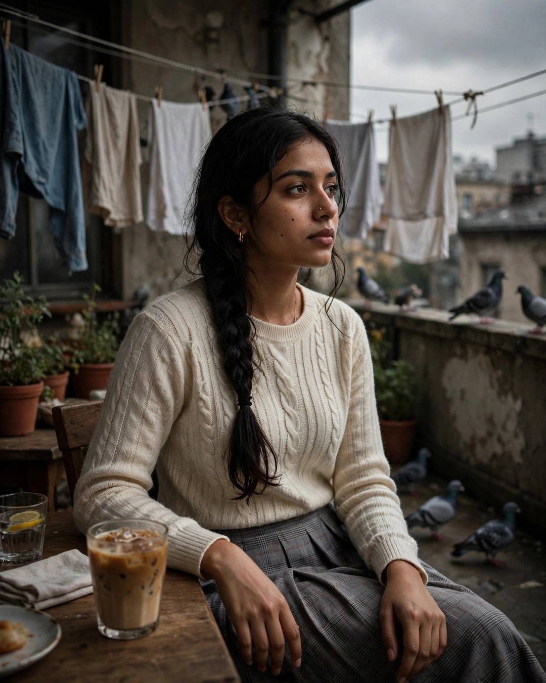 Young Indian woman in a cream knit top and plaid skirt with a long braid, sitting at a terrace cafe table with two iced coffees and pigeons