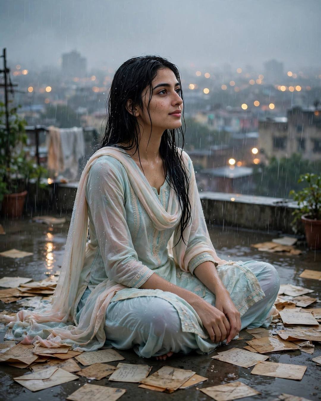 Young Indian woman in a pastel salwar-kameez with wet hair, sitting cross-legged among old letters on a rainy rooftop overlooking city lights