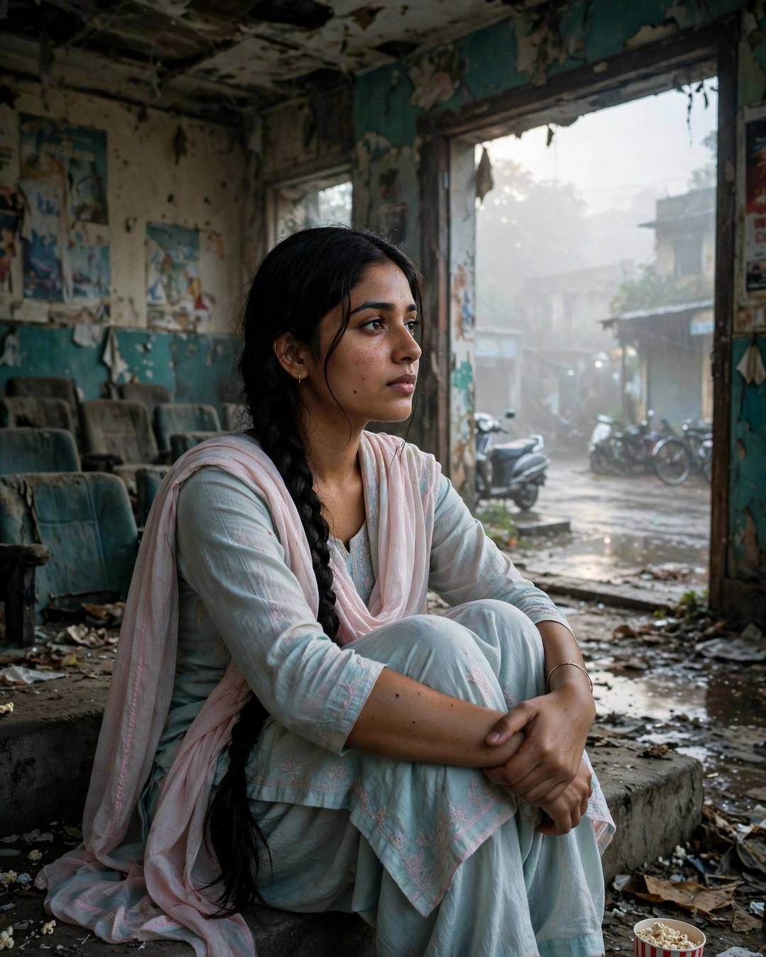 Young Indian woman in a pastel salwar-kameez with a long braid, sitting with knees drawn up in an abandoned cinema hall