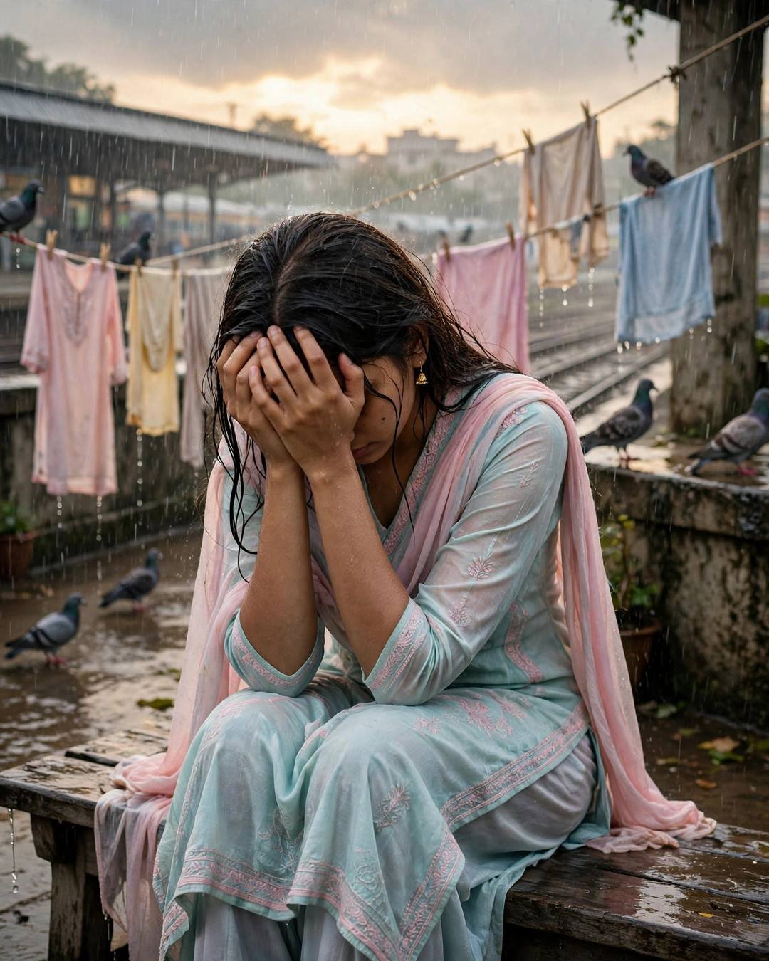 Young woman in a pastel salwar-kameez sitting on a bench with her head in her hands, washing lines and pigeons around her in rain