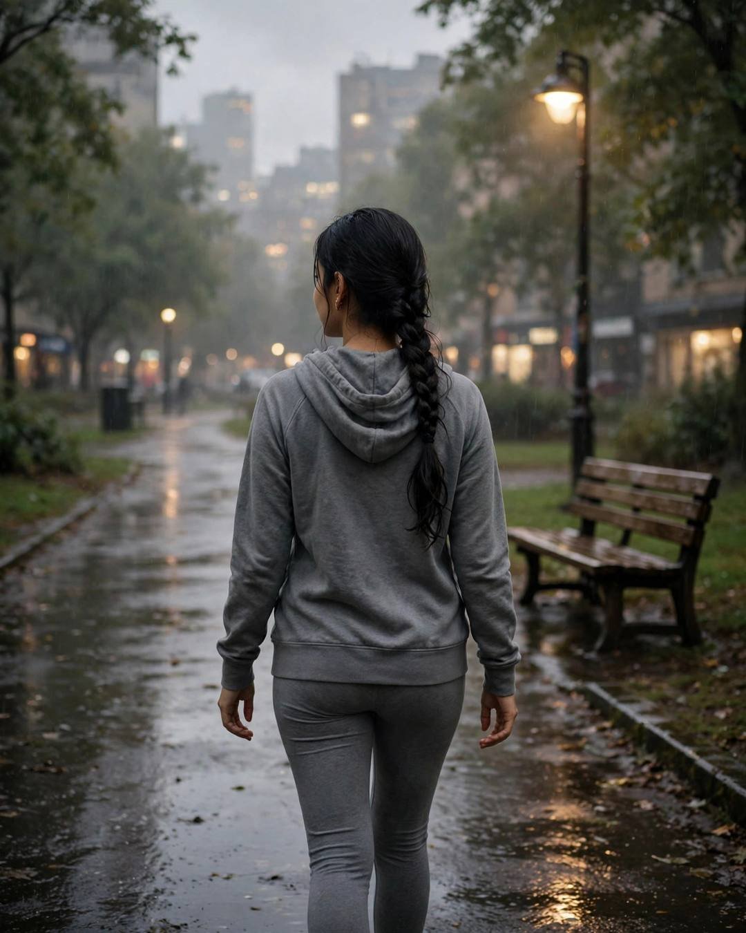 Young woman in a grey hoodie with a long braid walking away down a wet park path past a bench under a lone lamp