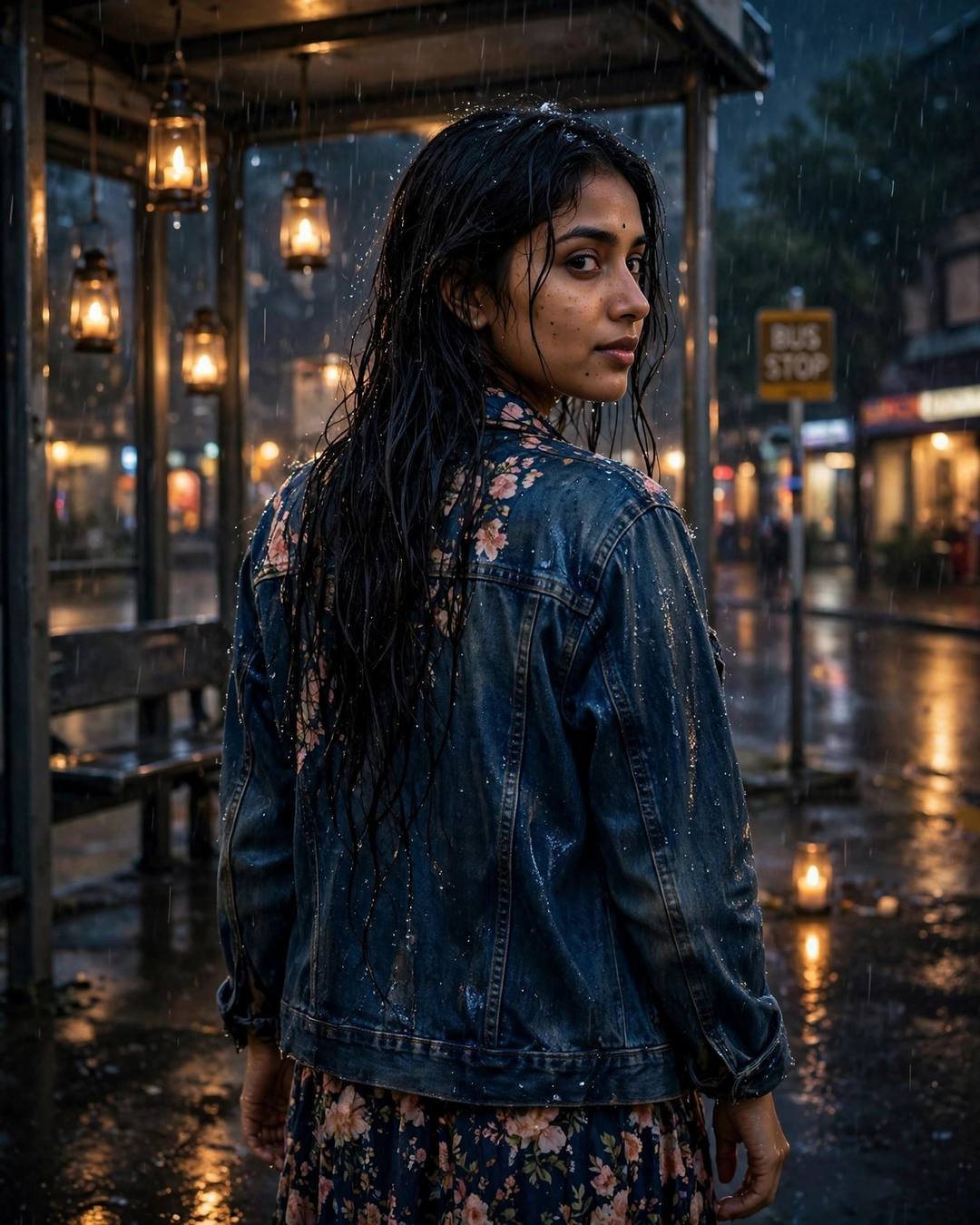 Young woman in a denim jacket over a floral dress at a rainy bus stop, back to camera, looking over her shoulder under lanterns