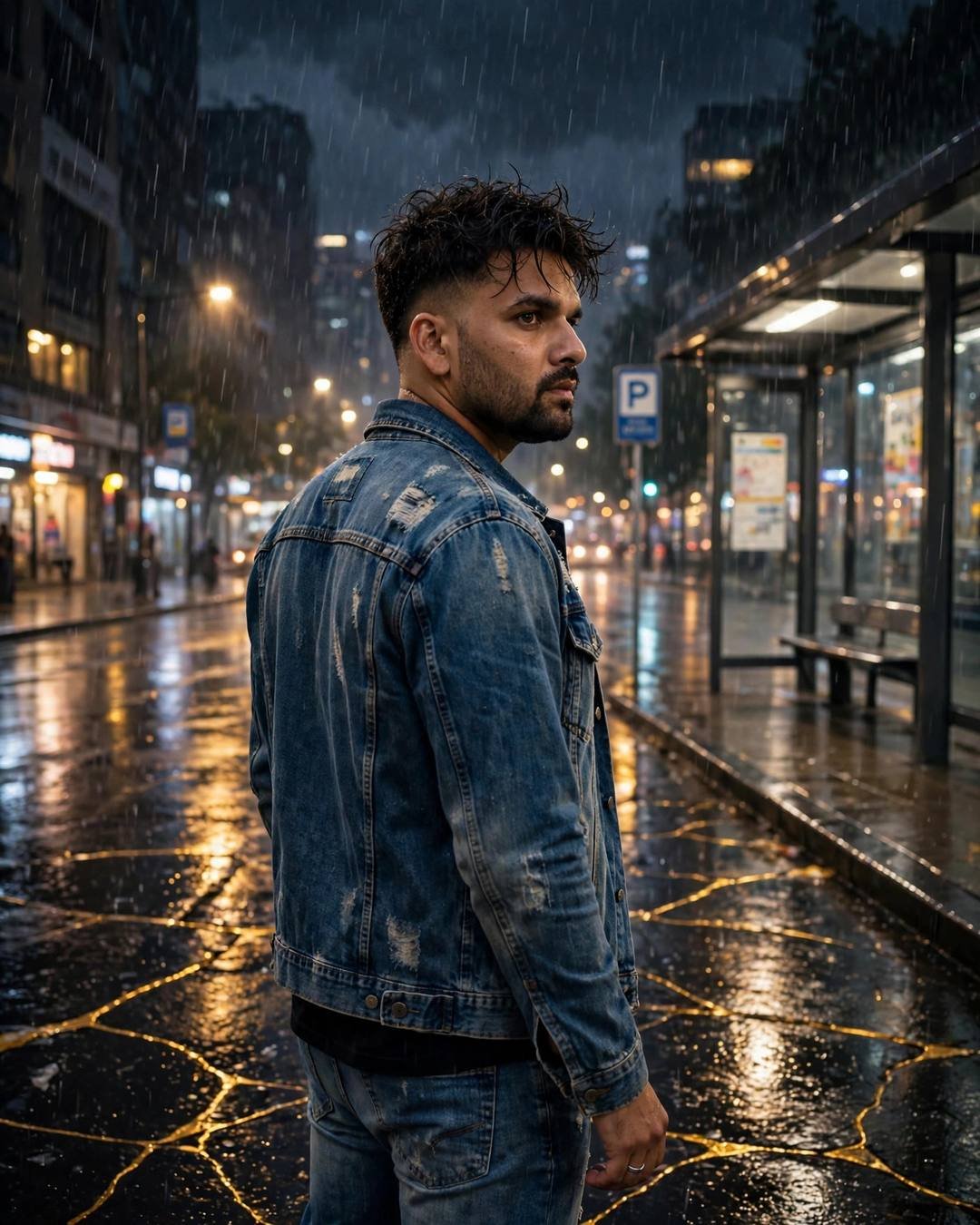 Man in distressed denim jacket looking over his shoulder at a rainy bus stop with golden cracks in the street
