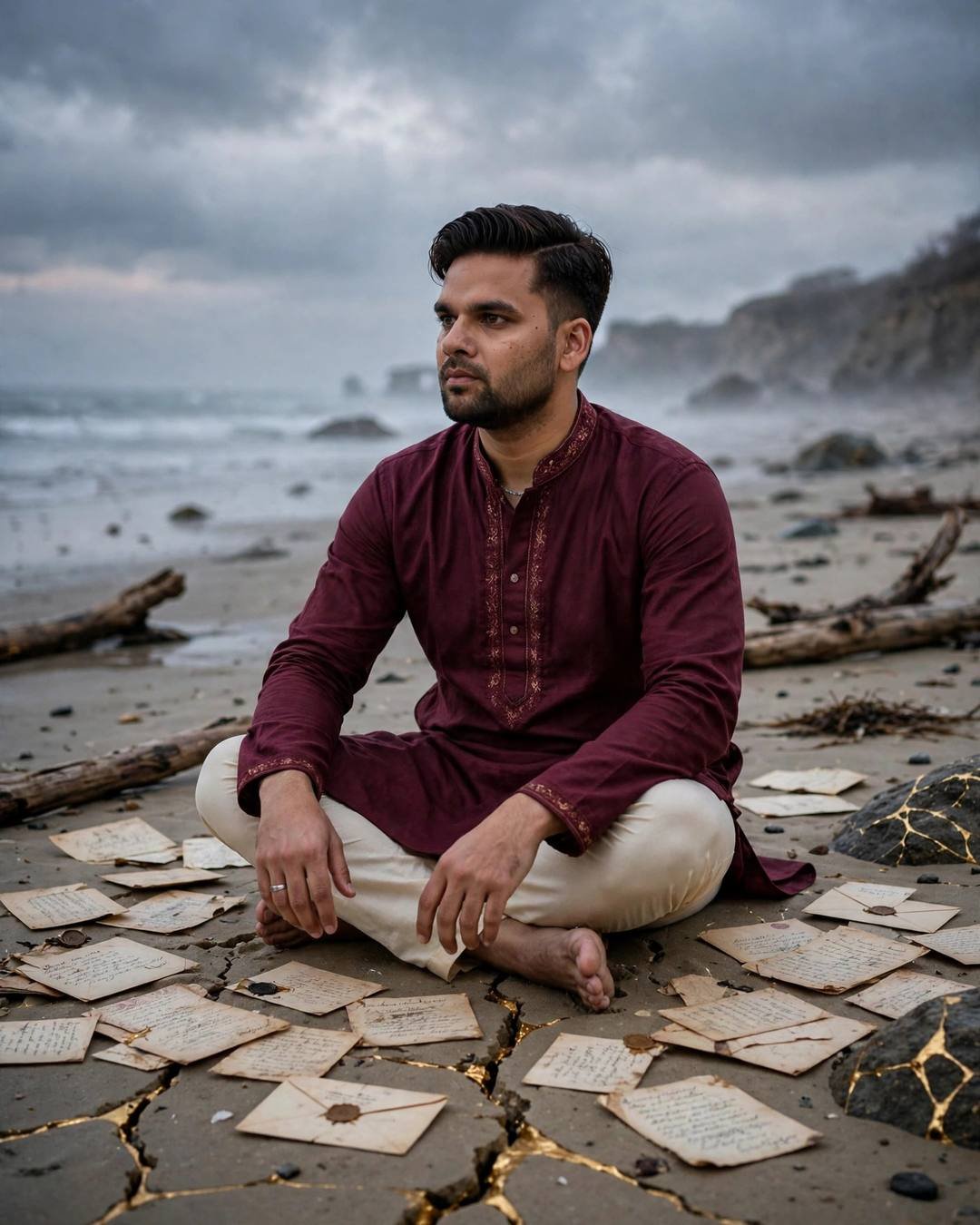 Man in maroon kurta sitting cross-legged among old letters on a beach with golden cracks