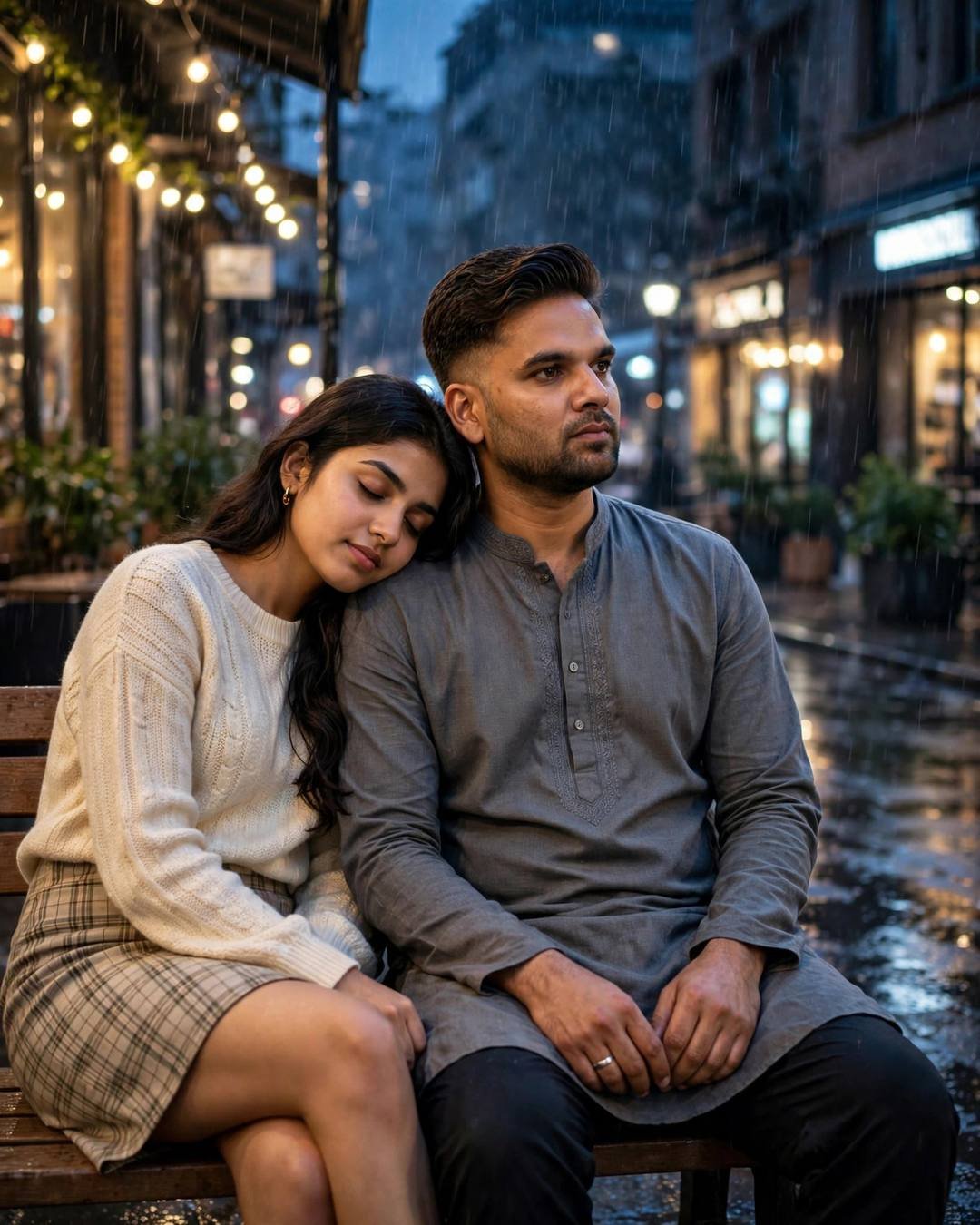 Couple sitting close on a bench at midnight, woman's head resting on man's shoulder, man in grey kurta, woman in cream knit top and plaid skirt, rain and café lights