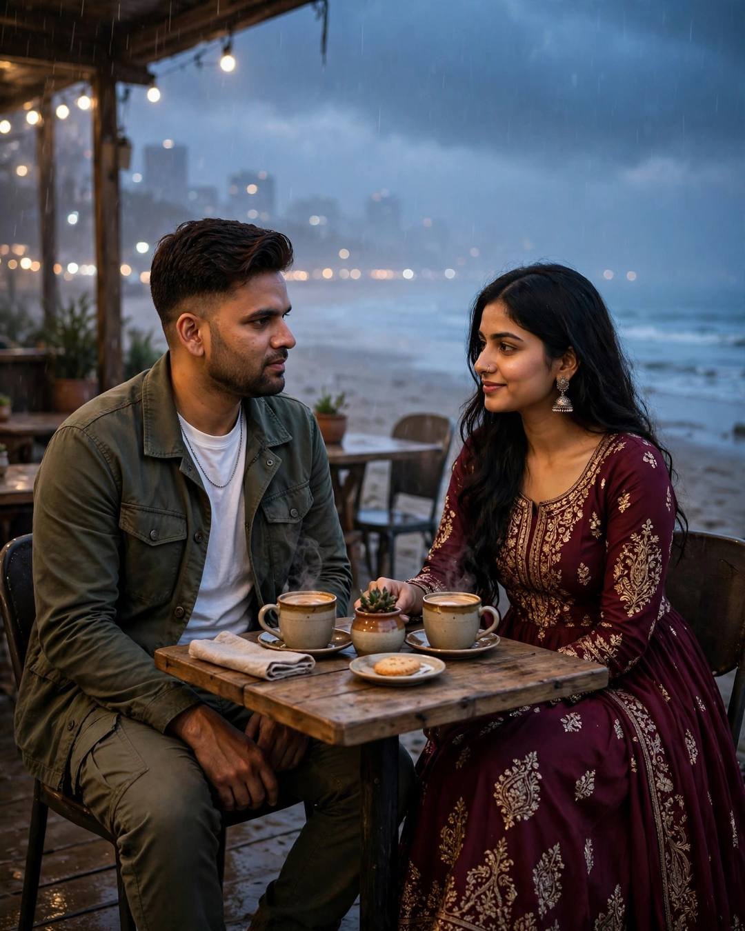 A man in an olive field jacket and a woman in a maroon anarkali share steaming cups at a beach café table at dusk in the rain