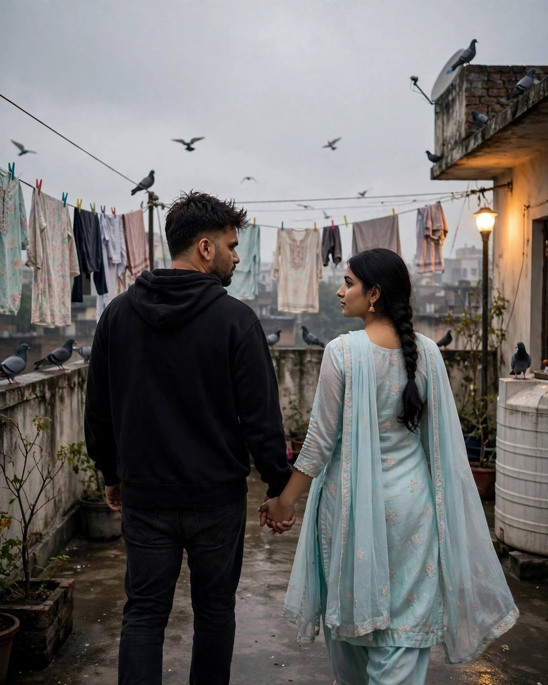 Couple walking hand in hand across a terrace with drying clothes and pigeons under a grey sky
