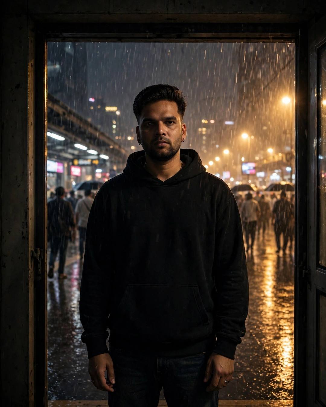 Man in black hoodie standing in a doorway at a rainy metro station at night
