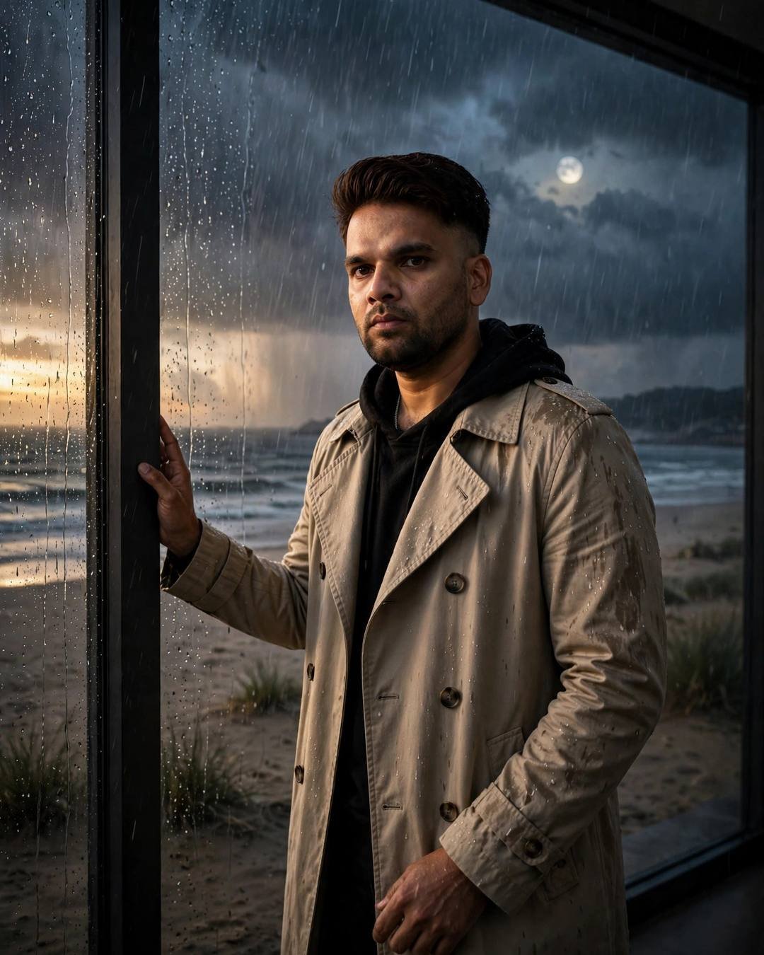 Man in beige trench coat standing at a rain-streaked window overlooking a stormy beach at dusk