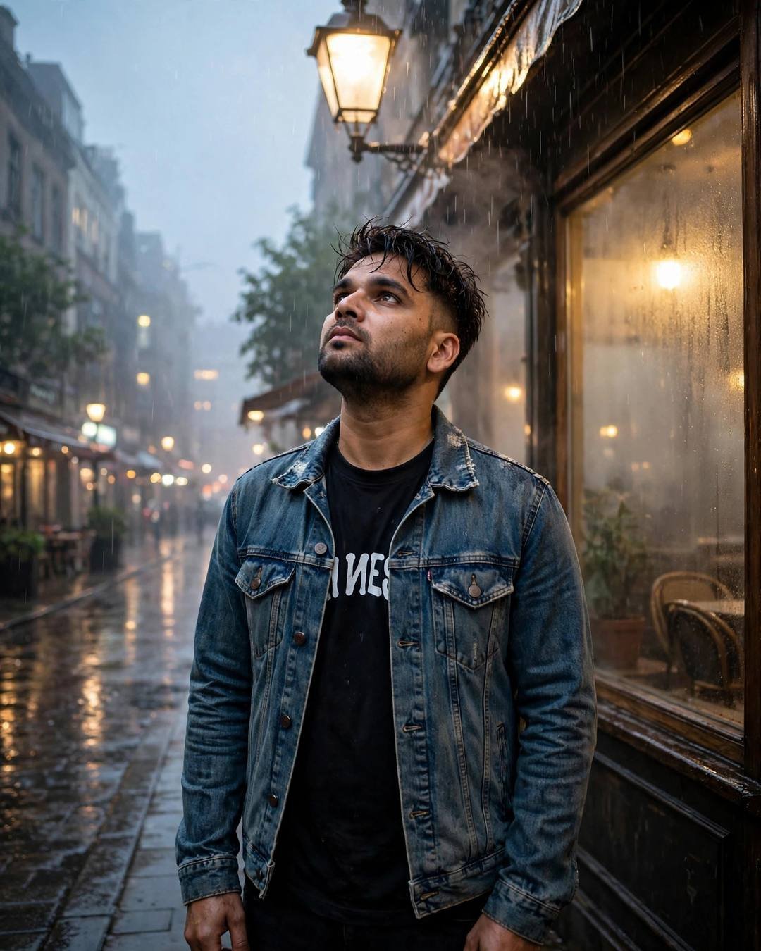 Man in distressed denim jacket standing under a streetlamp in rain outside an old cafe, face lifted to the sky