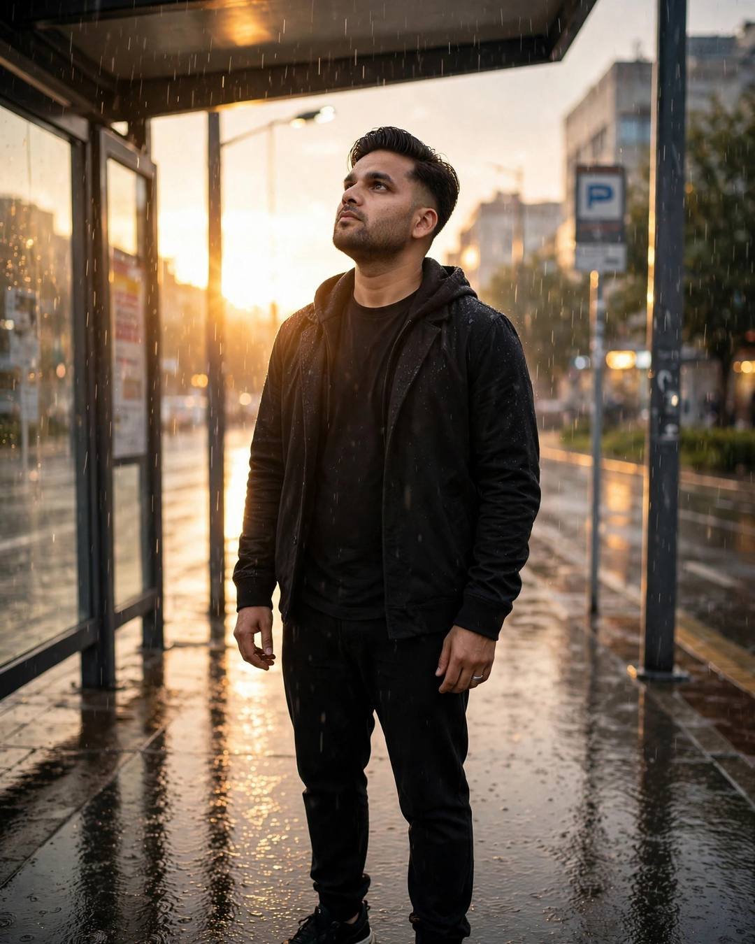 Young man in all-black streetwear standing under a bus shelter looking up at the rainy golden sky