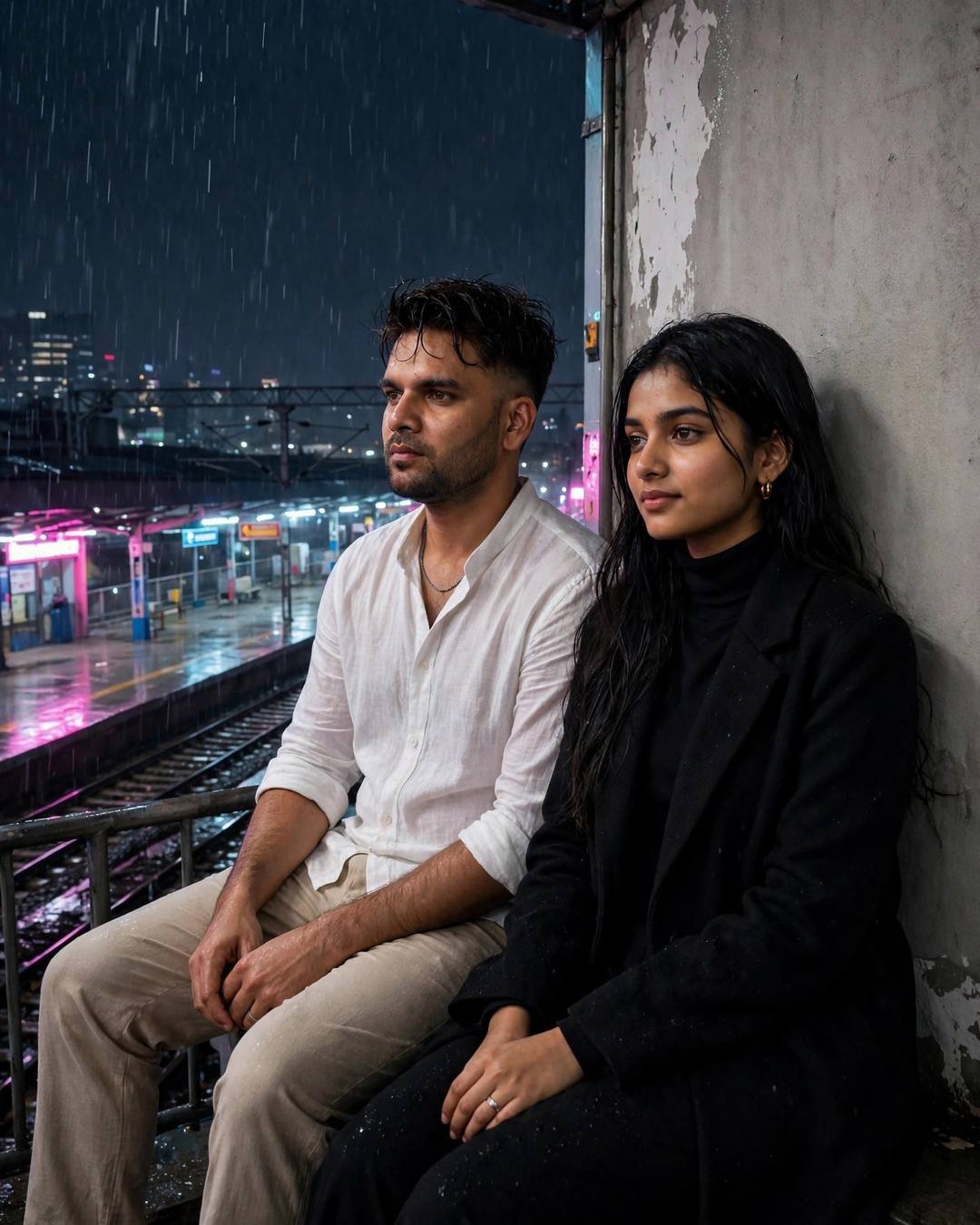 Couple sitting side by side with backs against a wall above a rainy railway platform at night, man in white linen shirt, woman in black turtleneck and long coat, neon reflections