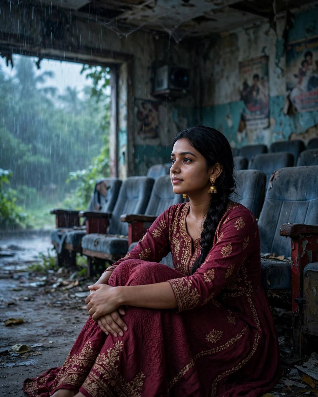 Young Indian woman in maroon anarkali cupping a diya flame in an abandoned cinema hall