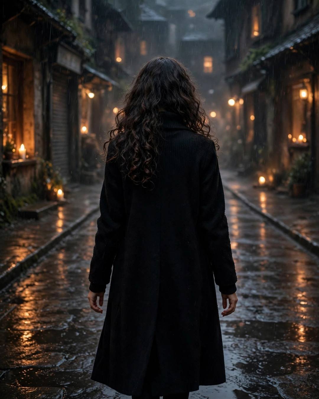 Young Indian woman in a black coat walking away down a rainy candlelit street
