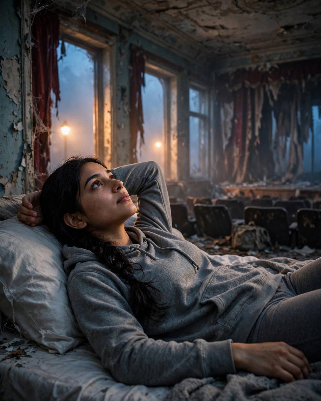 Young Indian woman in a grey hoodie lying on a bed in an abandoned cinema hall