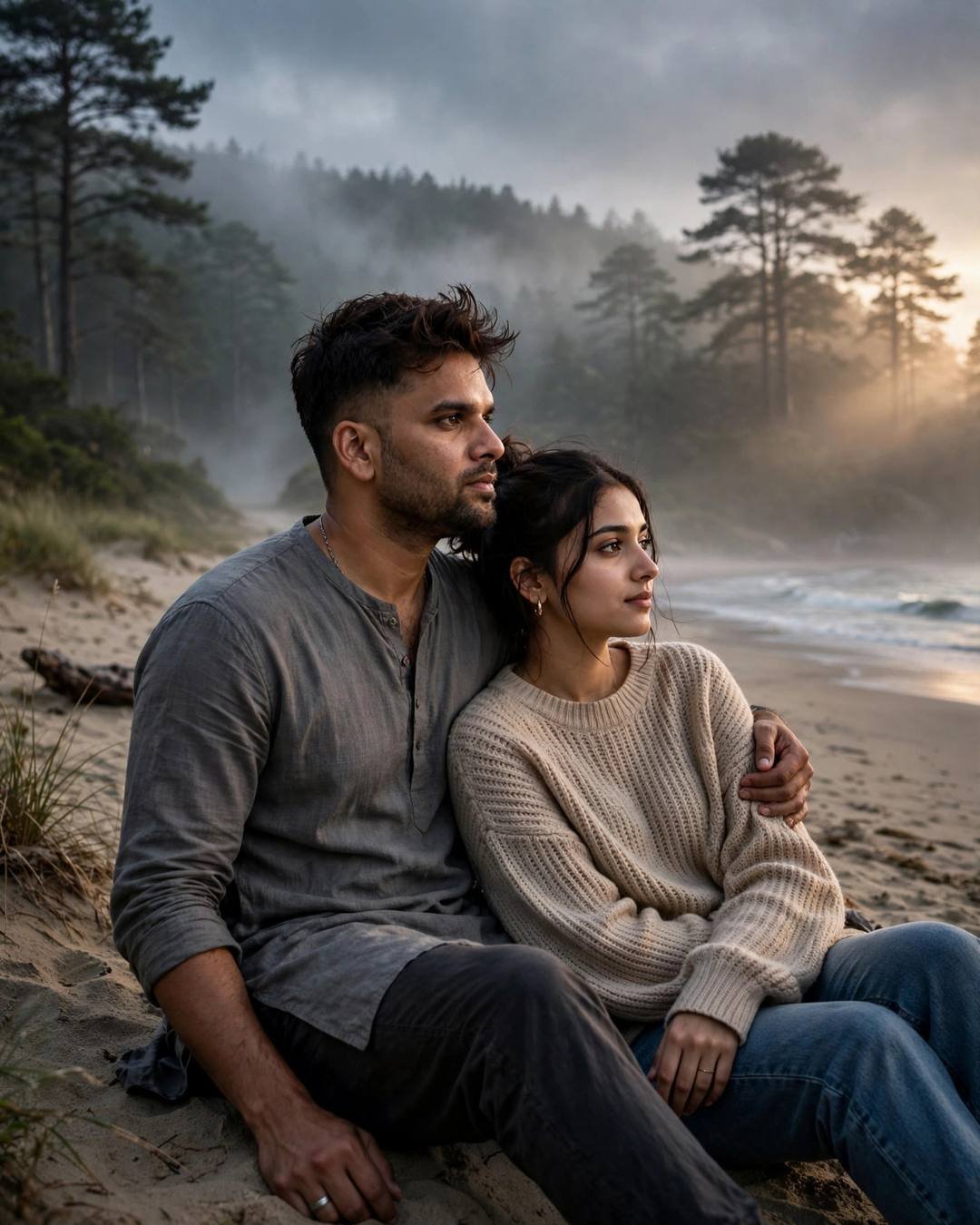 Couple sitting on sand before a misty forest at evening, man in grey kurta with arm around woman in oversized beige sweater, gazing at the sea