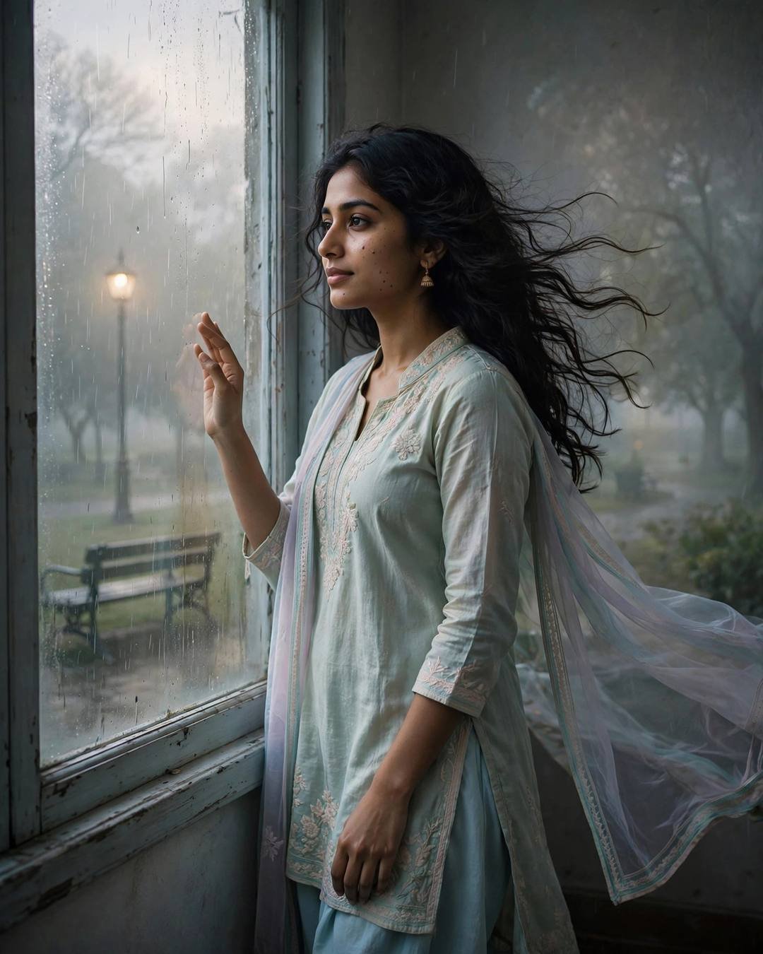 Young Indian woman in a pastel salwar-kameez standing at a rain-streaked window overlooking a rainy park