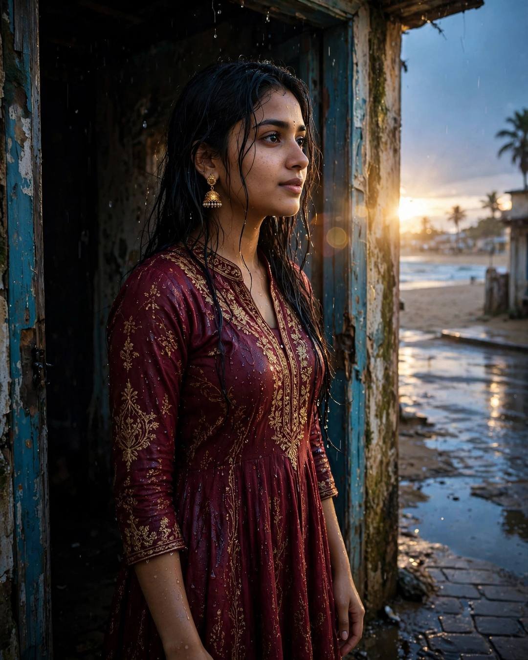 Young Indian woman in a maroon anarkali with jhumkas standing in a doorway at a deserted beach at dusk