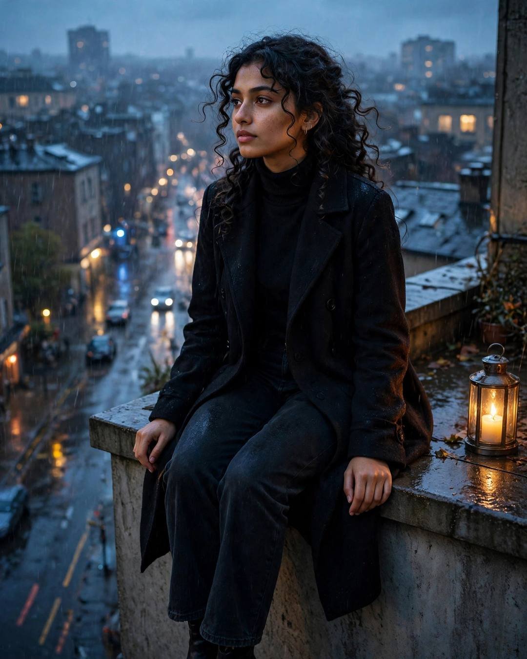 Young Indian woman in a black turtleneck and long coat sitting on a rooftop ledge above a rainy city street